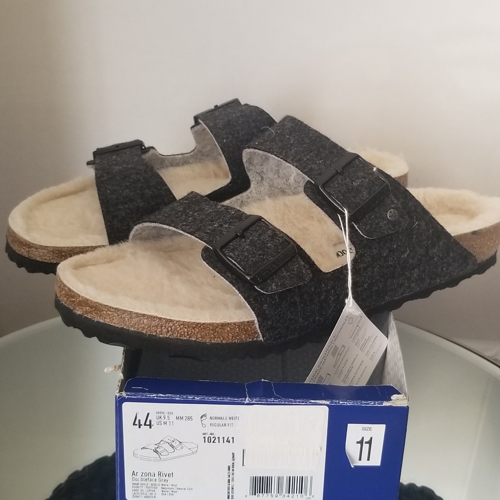 Birkenstock Mens Arizona Rivet Wool Felt Cork Fur Shearling Sandal Gray Sz 11